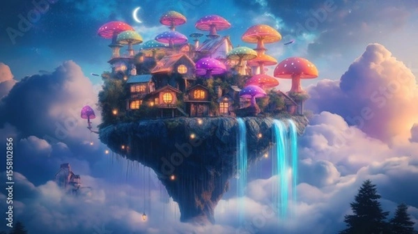 Fototapeta Illustrated floating island with whimsical mushroom-shaped houses, glowing pastel flowers, and neon-colored waterfalls cascading through clouds, symbolizing fantasy, peace, and imaginative harmony