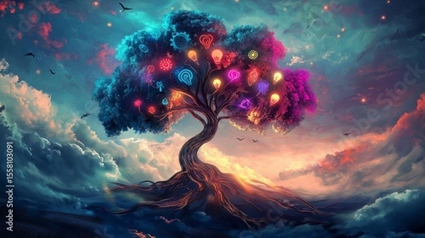 Fototapeta Illustrated image of a vibrant multicolored tree with glowing symbolic leaves growing in all directions, roots forming rivers of color flowing across a surreal dreamscape, symbolizing imagination 