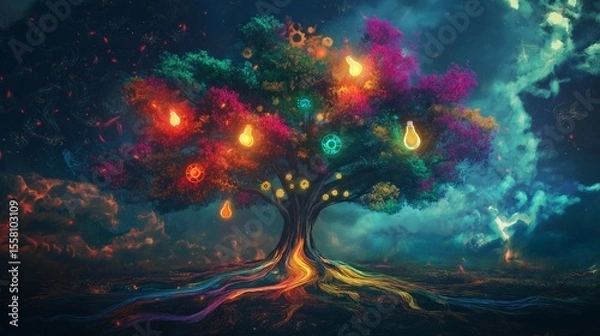 Fototapeta Illustrated multicolored tree with glowing symbolic leaves—gears, clouds, lightbulbs—and roots transforming into rainbow rivers flowing through a surreal, abstract dreamscape of creative imagination