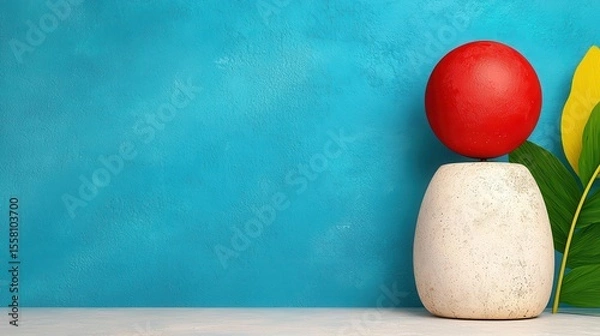 Fototapeta Red Sphere on White Speckled Container with Yellow and Green Leaves Turquoise Background