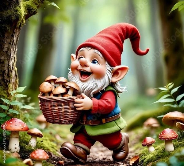 Obraz gnome picking mushrooms