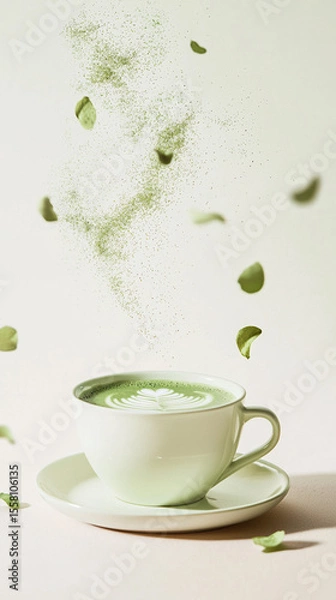 Fototapeta A Minimalist and realistic photography, a poder matcha on a hot matcha cup on a table, with particles around it, background is pastel white 