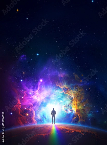 Fototapeta Small Abstract Male Figure in Vast Surreal Galaxy – Concept of Solitude, Exploration, and Cosmic Wonder in a Colorful Universe