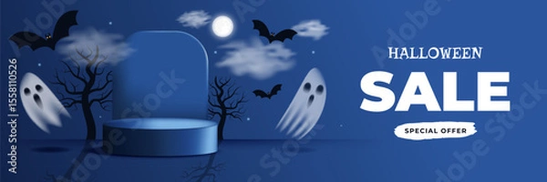 Fototapeta Happy Halloween sale banner clipart background design. Special offer for holiday season template with podium flying ghosts moon bats clouds trees flat style dark blue background. Vector illustration