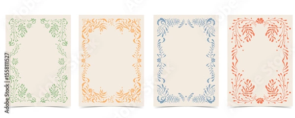 Obraz Retro flower and leaves frame background in wavy line style for vertical A4 design