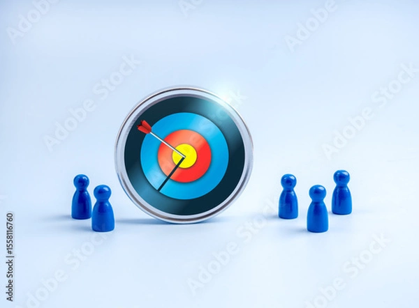 Obraz Stakeholder, business connection, cooperation, teamwork and team building concept. Big 3d modern target icon and human doll figure group as businessman standing together, isolated on blue background.