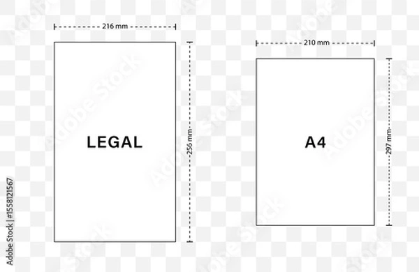 Fototapeta Legal Yellow Paper size. Notebook sheet formats. Comparison of legal and A4 papers isolated on white background. Vector illustration in flat style.