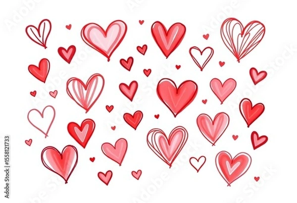 Fototapeta Hand-drawn hearts, various sizes and styles, isolated on white Perfect for Valentine's Day,  vintage,  texture