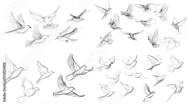 Fototapeta Elegant hand-drawn sketch collection of birds in flight, capturing graceful motion and natural beauty in various flying poses with fine pencil lines.

