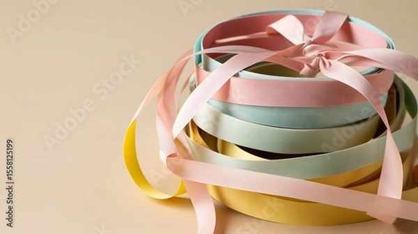 Fototapeta Assorted Ribbons in Pastel Colors for Gift Wrapping and Craft Projects