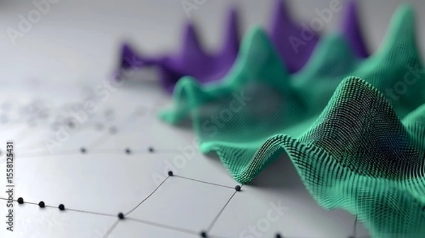 Fototapeta Abstract Data Visualization with Waves and Lines in Green and Purple Tones on a Gray Background