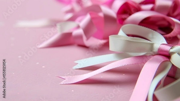Fototapeta Colorful Ribbons and Bows Arranged Artistically on a Soft Pink Background for Creative Projects
