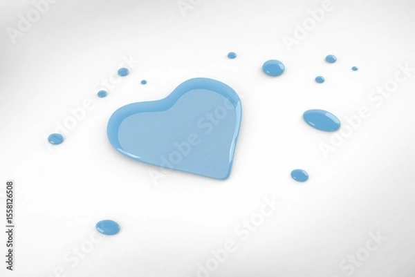 Obraz 3D-rendered glossy blue heart-shaped drop is resting on white seamless surface with smaller drops