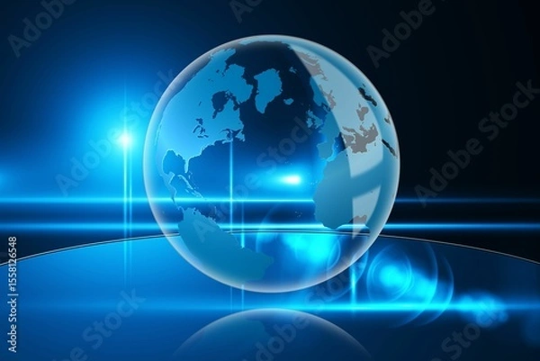Fototapeta 3D-render glass Earth globe floating over reflective base showing continents with neon-blue flares