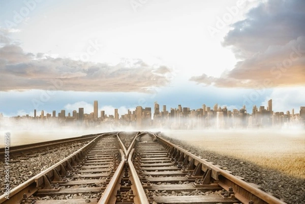 Obraz Railway tracks leading to city