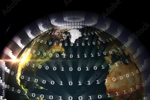 Fototapeta 3D render is showing Earth wrapped with binary code, bright flare and radial data bars
