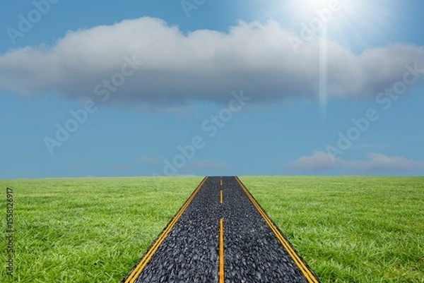 Fototapeta Two-lane asphalt road is running through vector grassland, with yellow lines, clouds and sunbeam