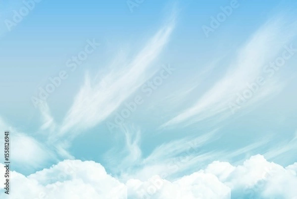 Fototapeta Cloud formations are appearing in flat design sky, with fluffy cumulus and wispy cirrus clouds