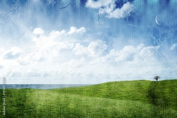 Obraz Green hill against cloudy sky