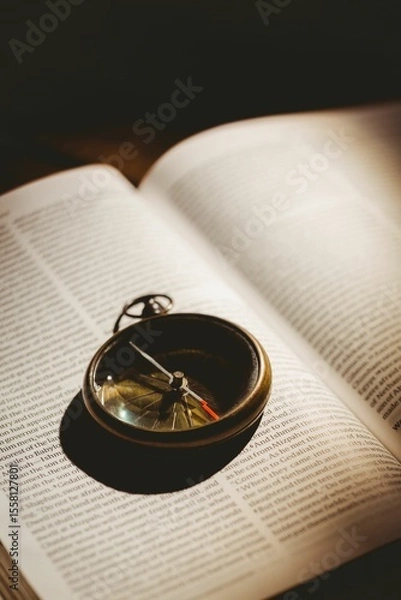 Obraz High angle view of pocket watch on open book