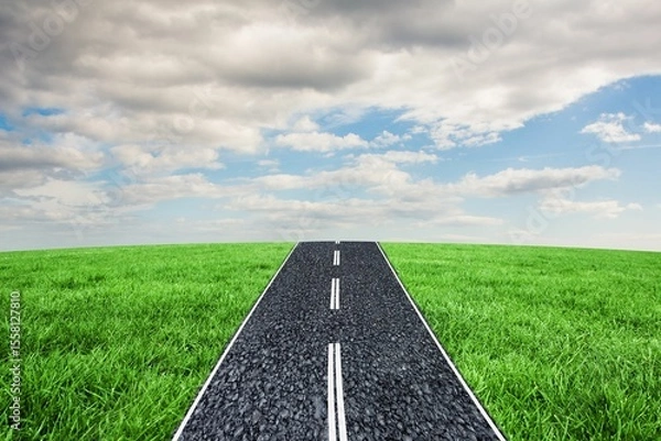 Fototapeta Flat design vector showing straight asphalt road reaching horizon with green grass and cloudy sky