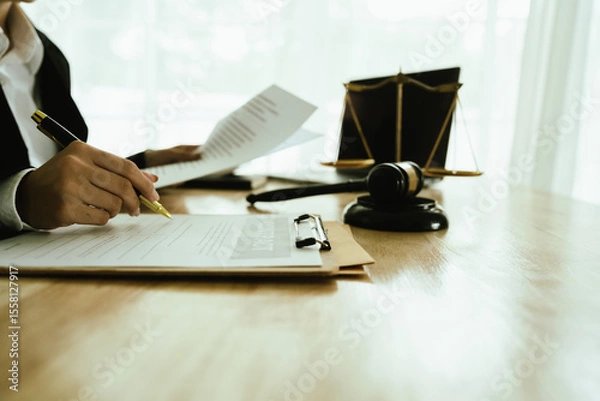 Obraz Lawyer sitting at desk in modern office reviewing and signing legal documents related to finance, equity and contractual agreements in business law.