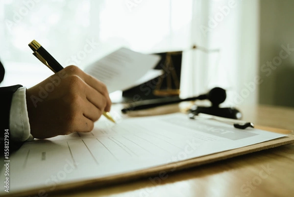 Obraz Lawyer sitting at desk in modern office reviewing and signing legal documents related to finance, equity and contractual agreements in business law.