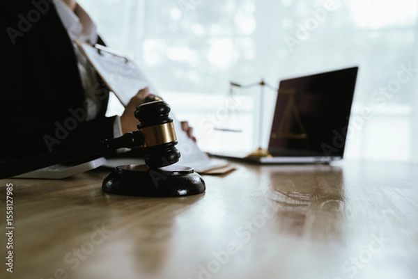 Obraz Lawyer sitting at desk in modern office reviewing and signing legal documents related to finance, equity and contractual agreements in business law.