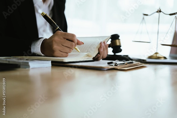 Obraz Lawyer sitting at desk in modern office reviewing and signing legal documents related to finance, equity and contractual agreements in business law.