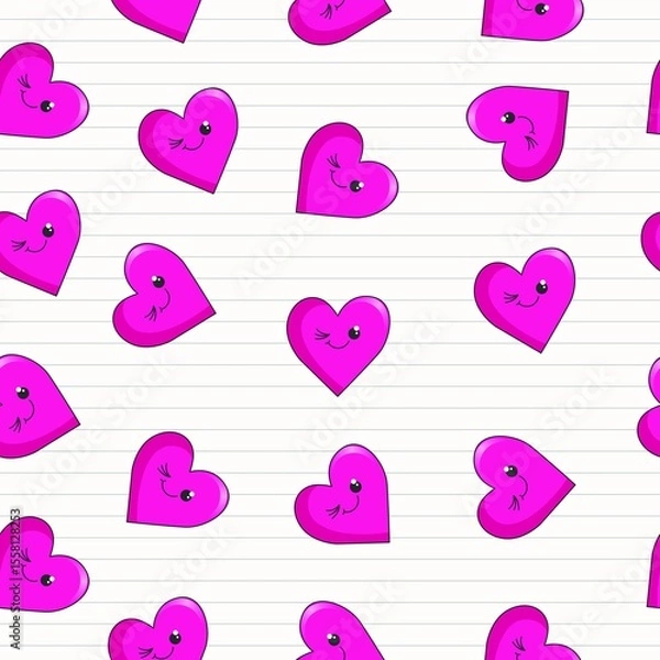 Obraz Image of pink smiling hearts on white ruled paper background