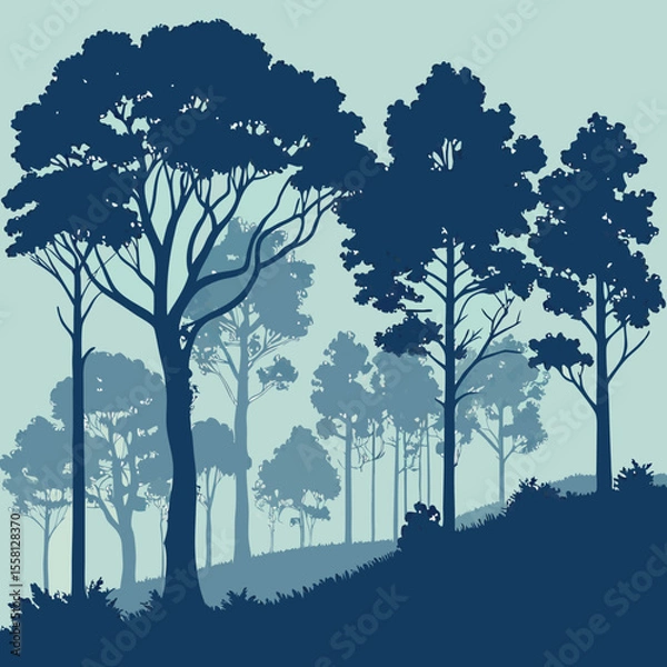Fototapeta Silhouette illustration of a dense forest with tall trees and a grassy foreground under a light blue sky