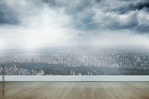 Fototapeta Flat design is showing light-wood floor and white wall via glass window revealing skyline and park