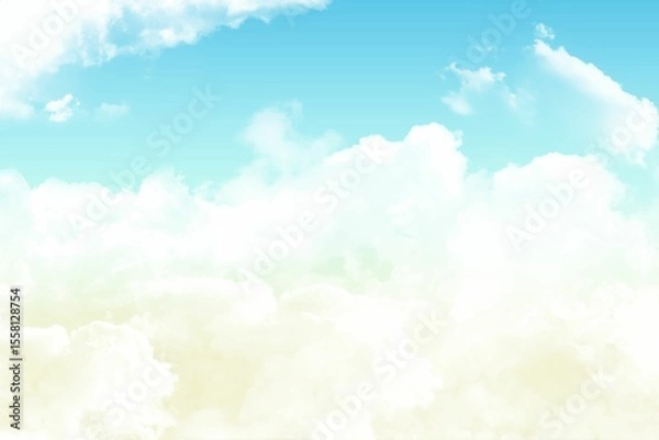 Fototapeta White cumulus cloud group is forming soft layered expanse under bright azure sky, flat illustration