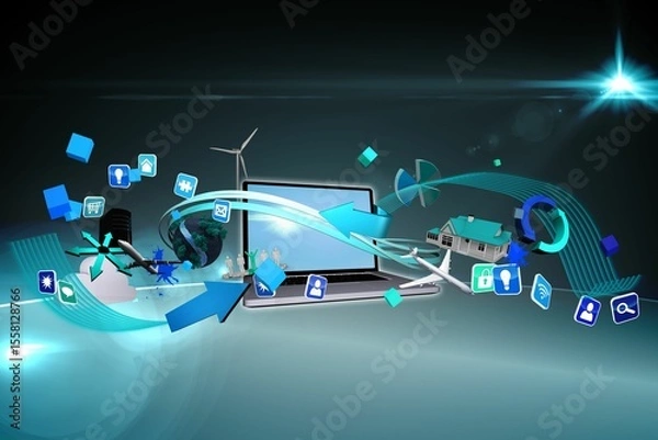 Obraz Laptop is featuring blue green streamlines, turbine and globe models, 3D icons in flat design