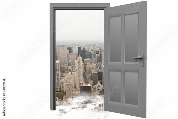 Obraz Cityscape against sky seen from open door