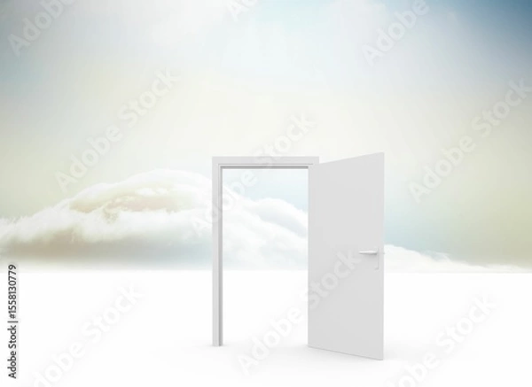 Fototapeta Minimalist flat design is showing white door standing open on endless plane, revealing pale clouds