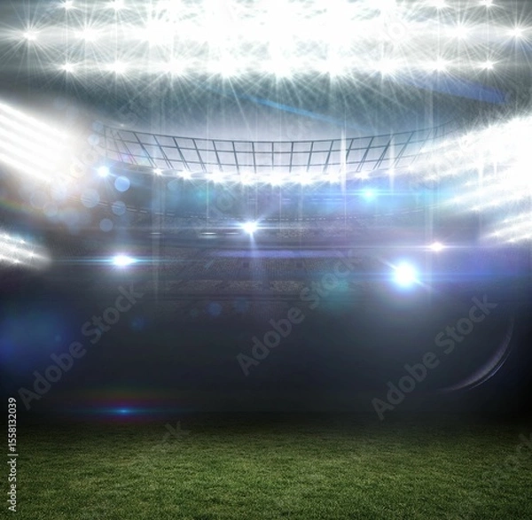 Fototapeta Empty sports stadium is being shown in 3D render, floodlights, lens flares, grass pitch