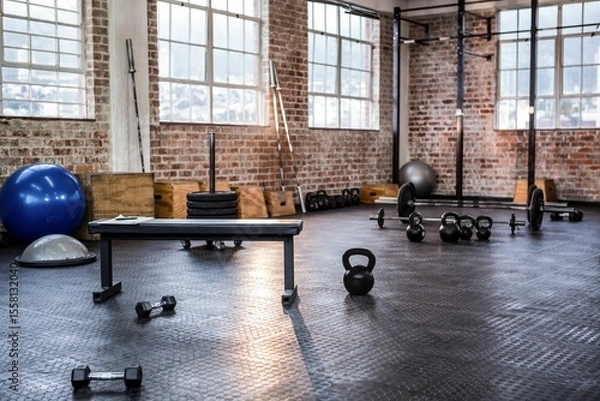 Obraz Flat bench is being positioned in flat design gym interior with brick walls, city view, weights
