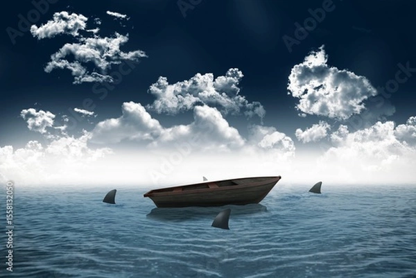 Obraz Sharks circling small boat in the sea