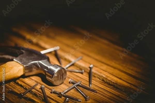 Fototapeta Hammer with wooden handle is lying flat on workbench in 3D render, with scattered steel nails