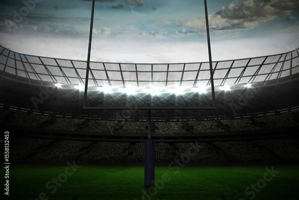 Fototapeta Flat design is showing football goalpost with padded base on turf under floodlit canopy with seats