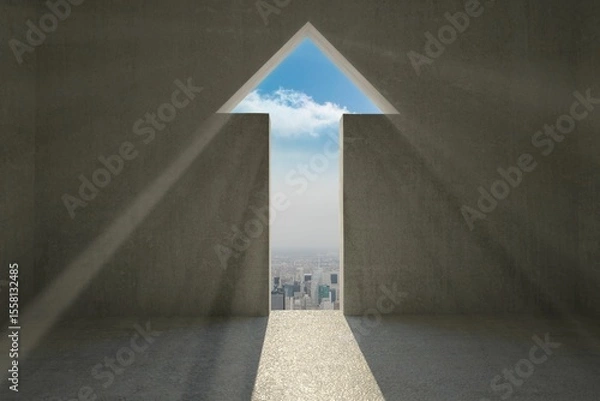 Obraz Flat design showing arrow-shaped concrete chamber opening revealing skyline and casting light beam