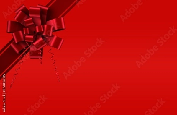 Obraz Glossy red bow is sitting on diagonal satin ribbon with curled tails over flat gradient background