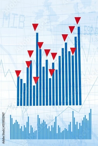Fototapeta Infographic is showing blue bar chart with red inverted markers, small chart on world map grid