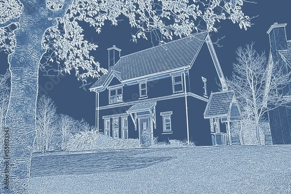 Fototapeta Pretty house with a blue and white filter