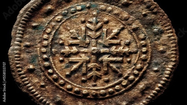 Fototapeta Ancient Coin: Close-up of a Medieval Bronze Coin with Intricate Design