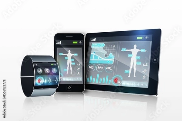 Fototapeta Futuristic wrist watch with tablet and smartphone