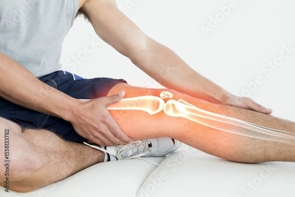 Obraz Man suffering from knee pain holding leg while sitting on bed
