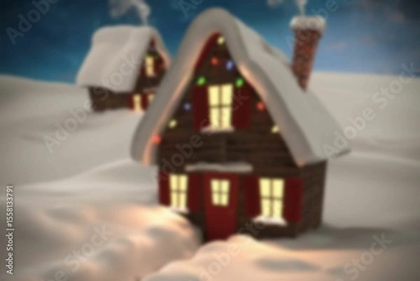 Fototapeta Small cabin glowing, string lights hanging and shutters, smoke rising amid snow and second cabin