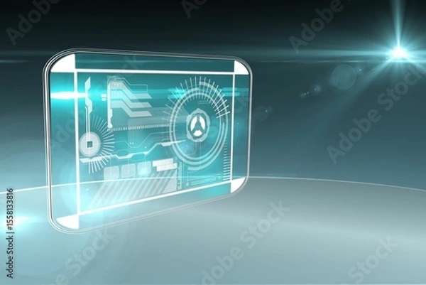 Fototapeta Floating holographic display on reflective surface showing cyan-white gauge, data bars lens flares